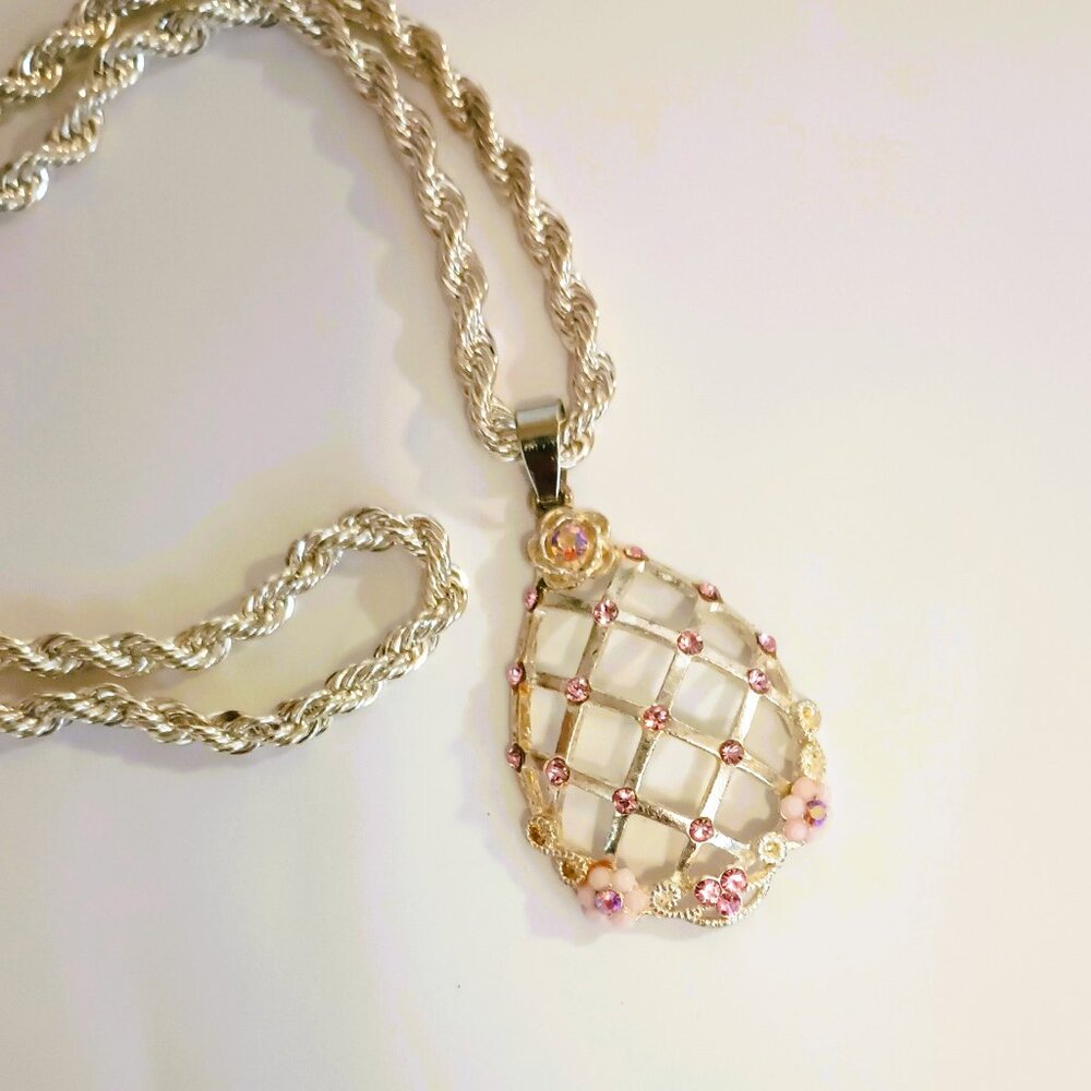 Open Work Lattice Teardrop Necklace 24" Pink Flowers Purple Stones Pendant